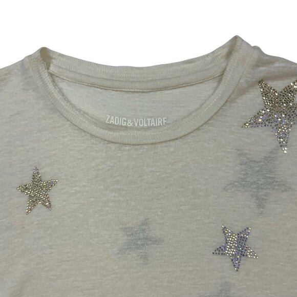 Zadig & Voltaire Skinny Stars Strass Tee Shirt Top XS Cream Embellished Linen - Picture 4 of 13